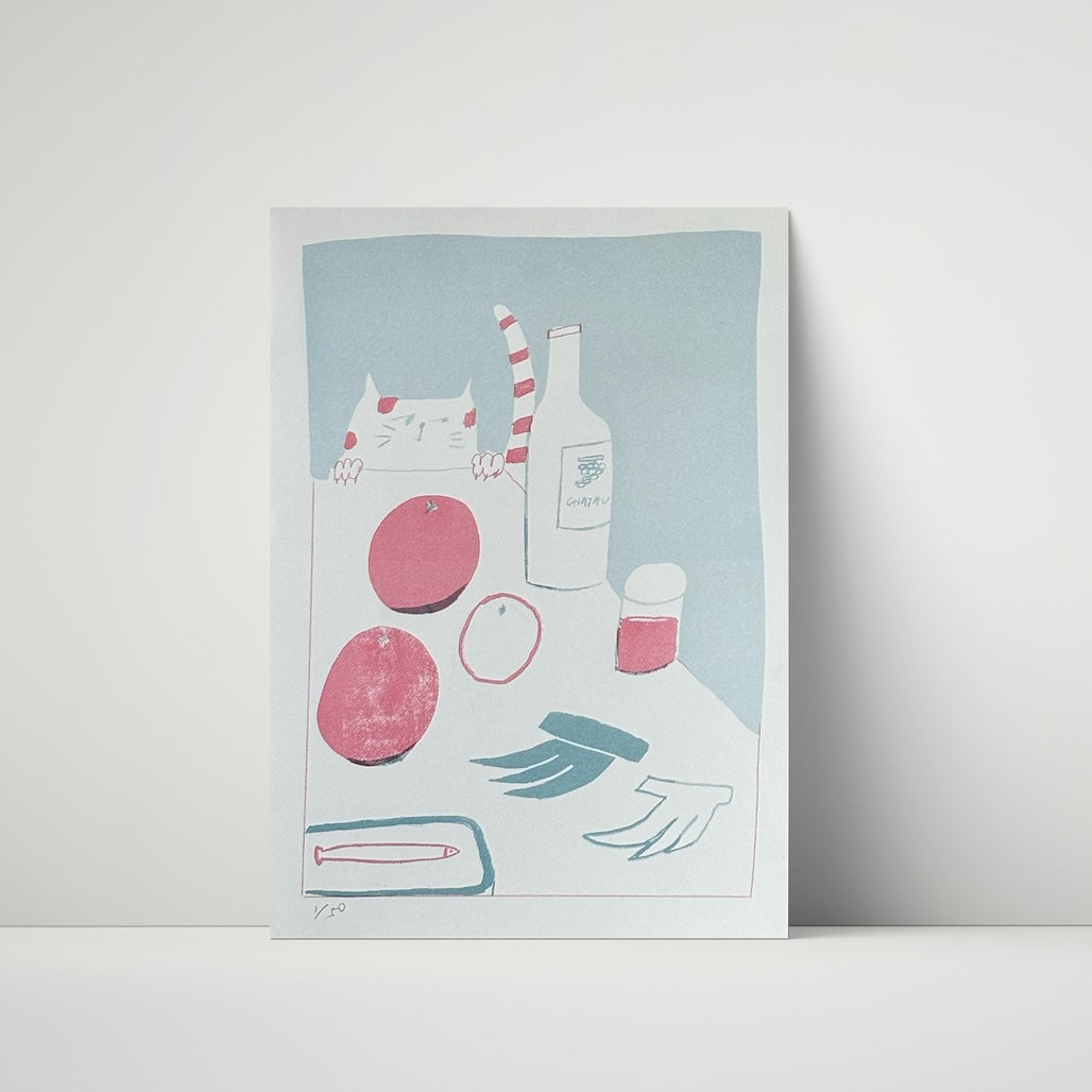 Limited Risograph - The cat and the bottle