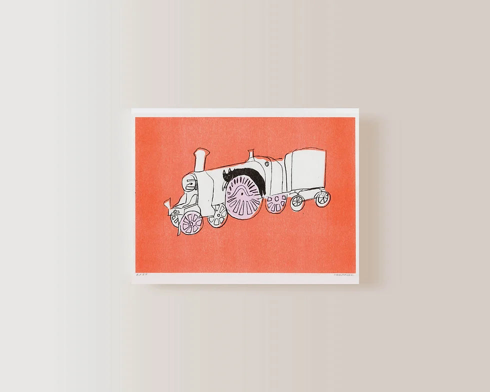 Limited Risograph - The cat lying on a train