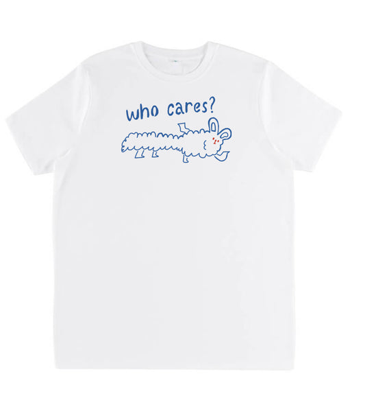 Handprinted WHO CARES? T-shirt 100% Organic Cotton