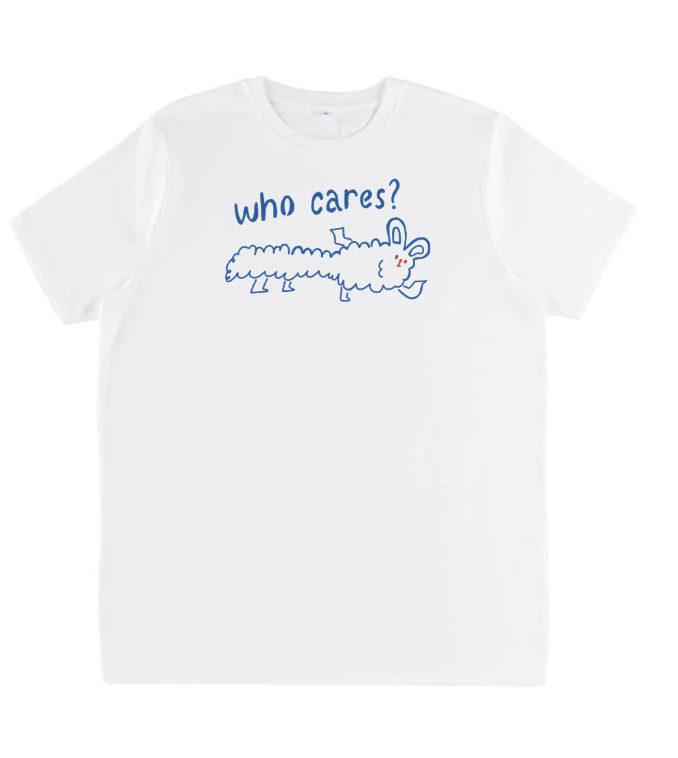 Handprinted WHO CARES? T-shirt 100% Organic Cotton
